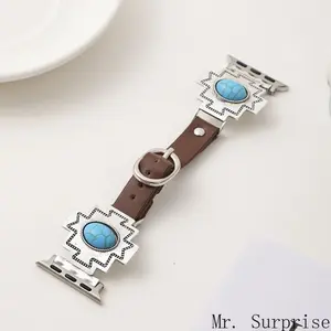 Retro Turquoise Leather Watch Band, Vintage Style Strap for Apple Watch 4/5/6/7/8/SE
