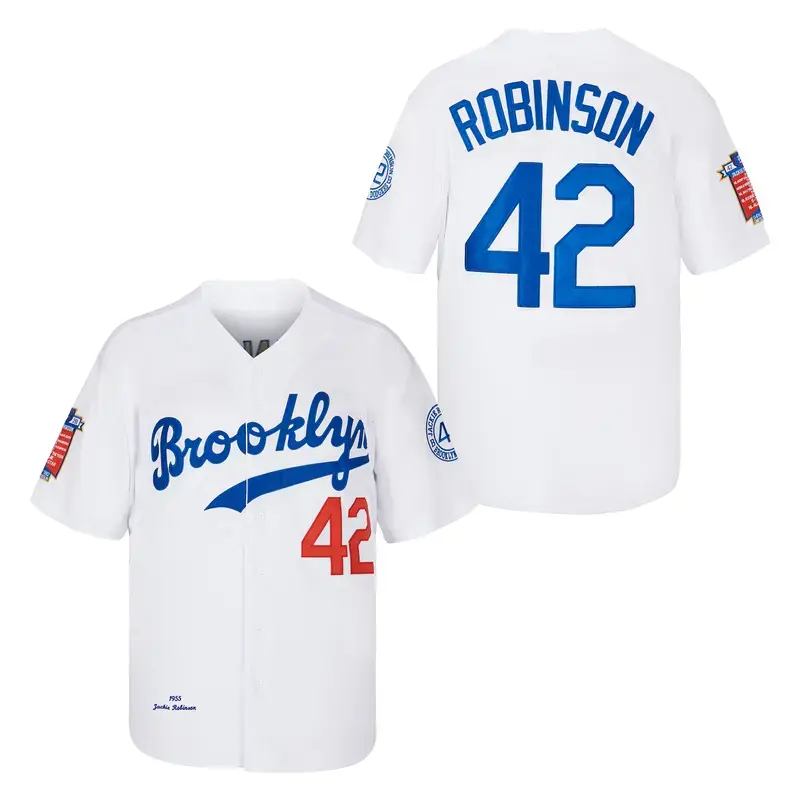 Mens Brooklyn 42 Robinson Baseball Jersey Vintage Legend Embroidered Patches White Blue Streetwear Sport Top Sport Outdoor Clothing