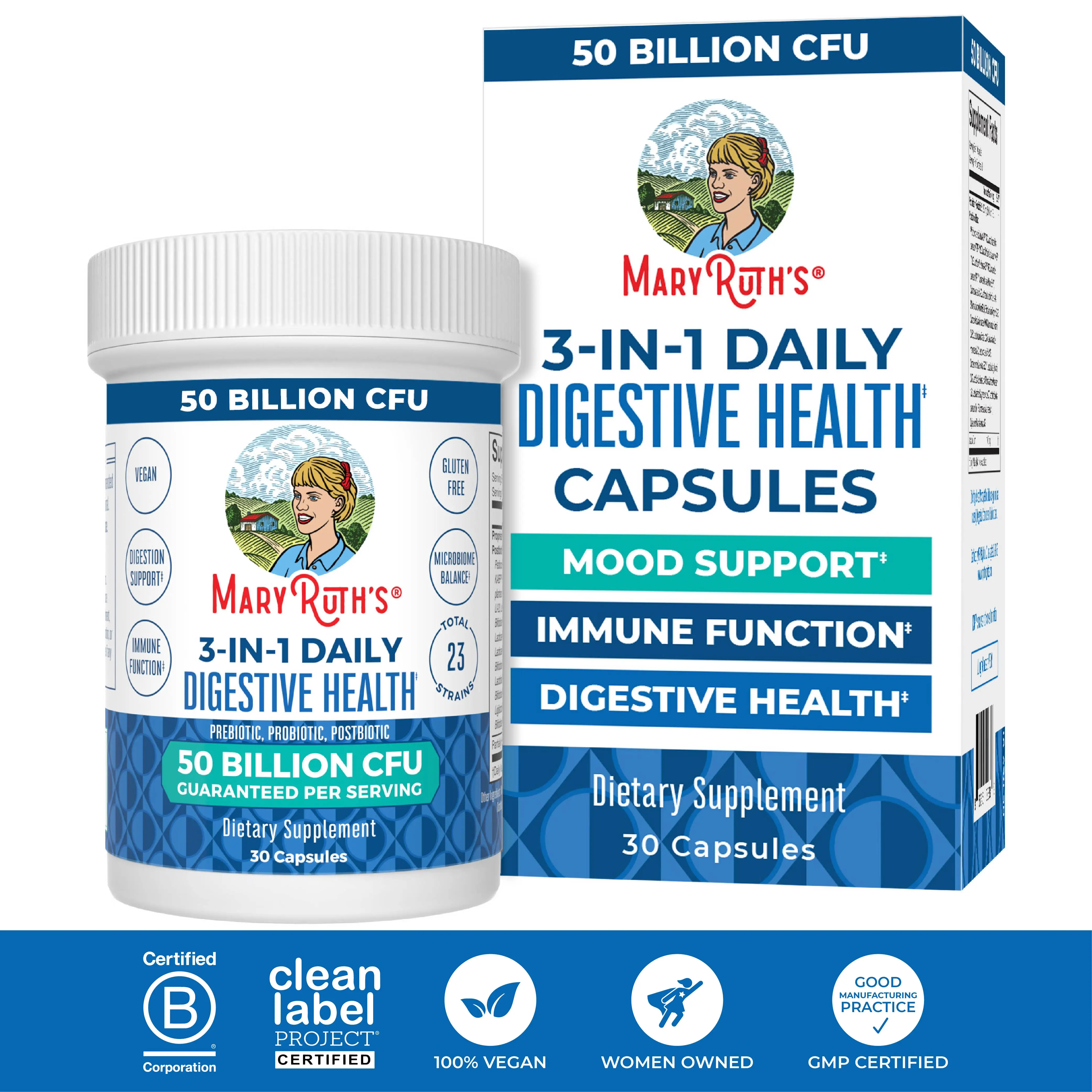 MaryRuth's 3-in-1 Probiotics for Digestive Health - Prebiotic & Postbiotic - Gut Health Supplement for Women & Men - Immune Support - 50 Billion CFU