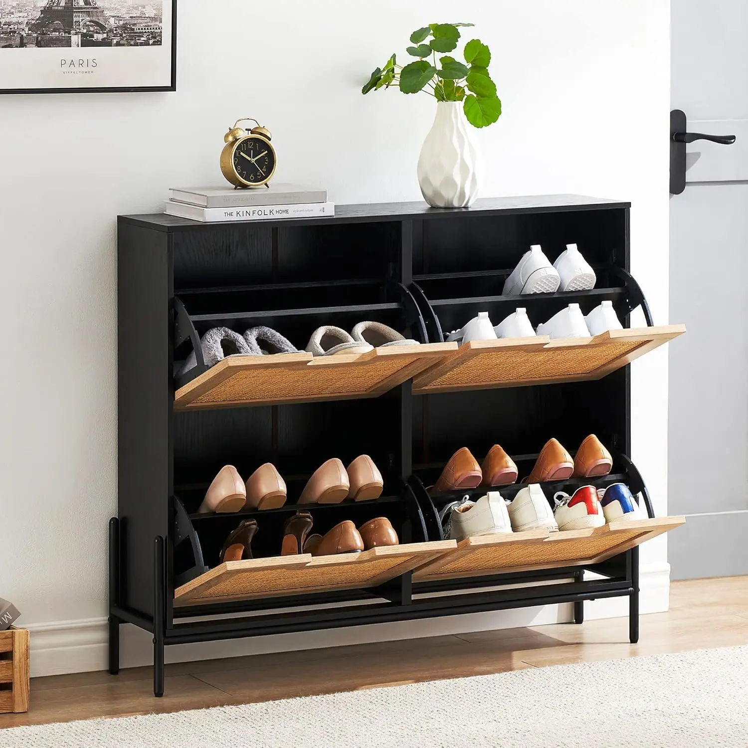 OP-Entryway Adjustable Shelves Cabinet - 4 Drop-Front Drawers Freestanding Multi-Level Organizer Cabinet with Steel Legs, Narrow Space-Saving Design for Apartments, Hallways, Adjustable Shelves Cabinets, Multi-Level Organizer Cabinets
