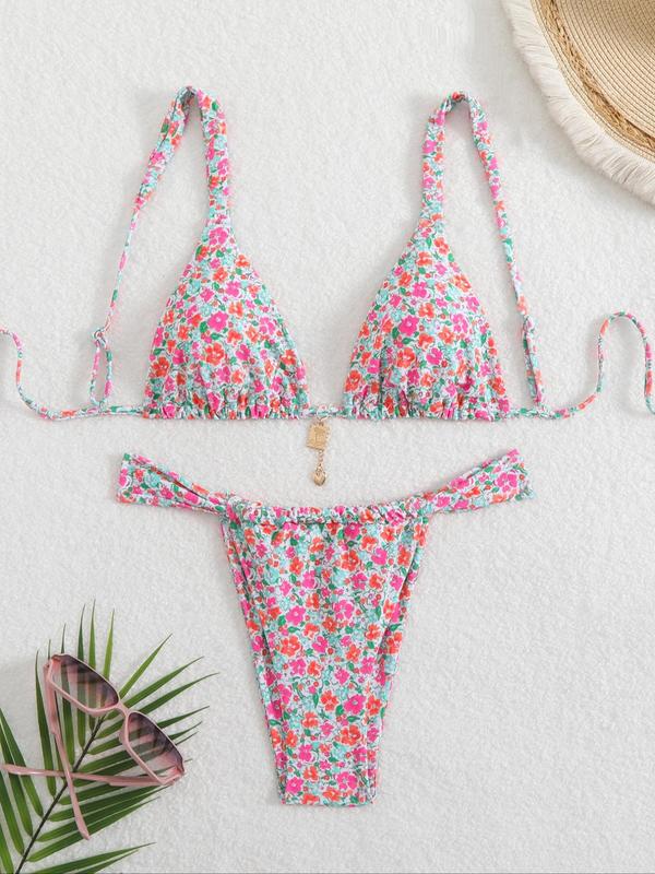 Women's Floral Bikini Set, Sexy Triangle Two-Piece Swimsuit, Sleeveless Party Style, All-Season Wear, Tie Back Design