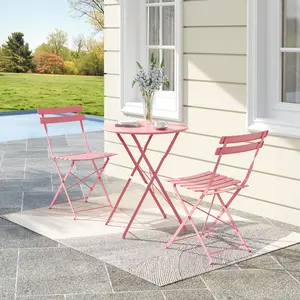 Gaomon 3-Piece Patio Bistro Furniture Set, Outdoor Metal-Frame Set with 1 Folding Table and 2 Folding Chairs, Weather-Resistant, Space-Saving for Balcony and Garden, Pink, Patio Furniture Sets