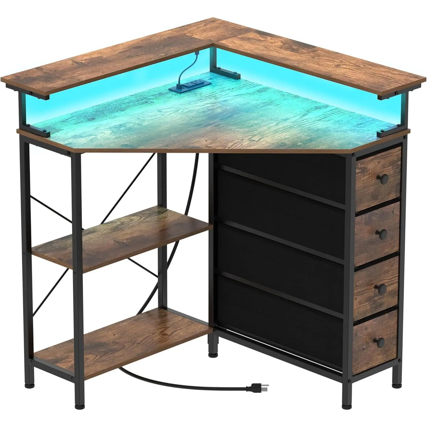 Corner Desk with Drawers Shelves for Small Space 90 Degrees Triangle Computer Desk with Power Outlets,Gaming Desk with LED Lights  Stand for  Office Workstation Writing Table (Brown)