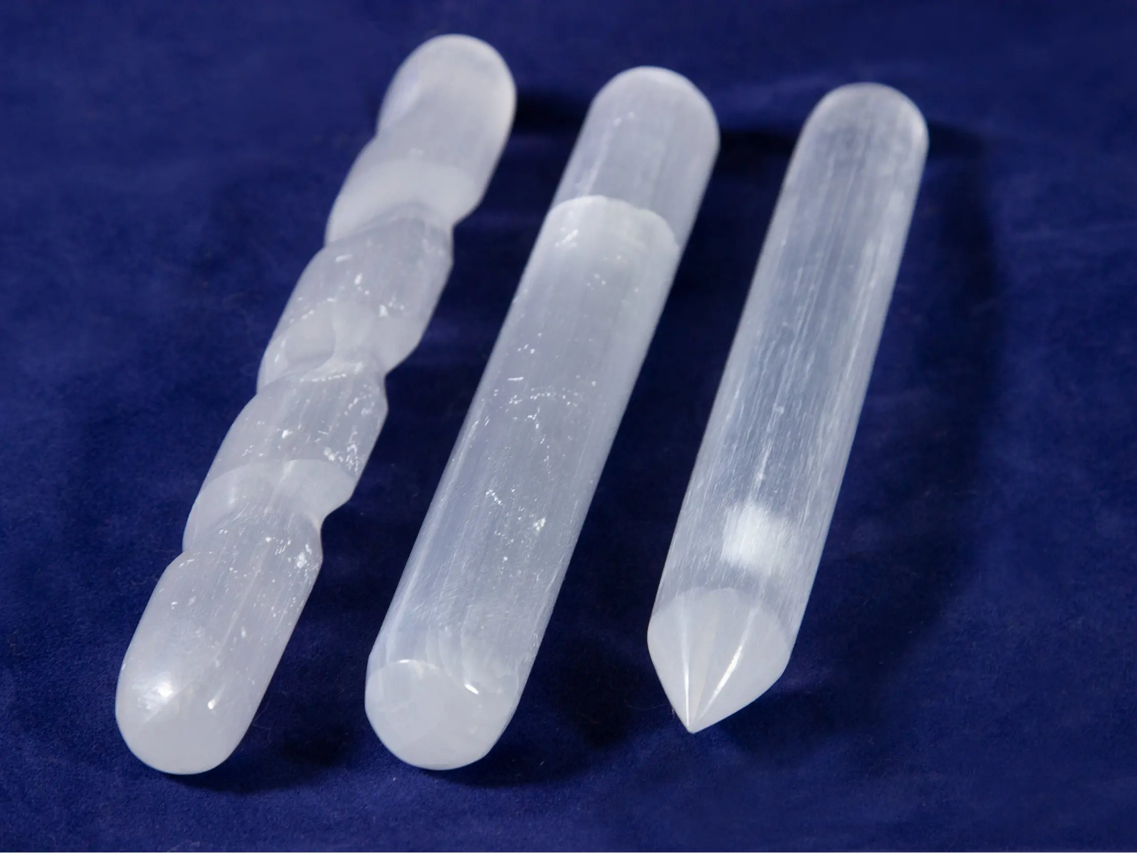 Selenite Crystal Wand 6″ Varitey Pack of 3, Spiral Wand, Rounded Wand, Perfecto Wand (Three Wands)