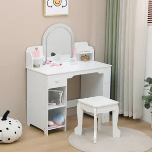 Kids Vanity Table Set with LED Lights & Drawers, Kids Makeup Desk Set Featuring Bookshelf, Drawer & Storage Shelves for 3-9 Year Old Girls, Kids Room Decor