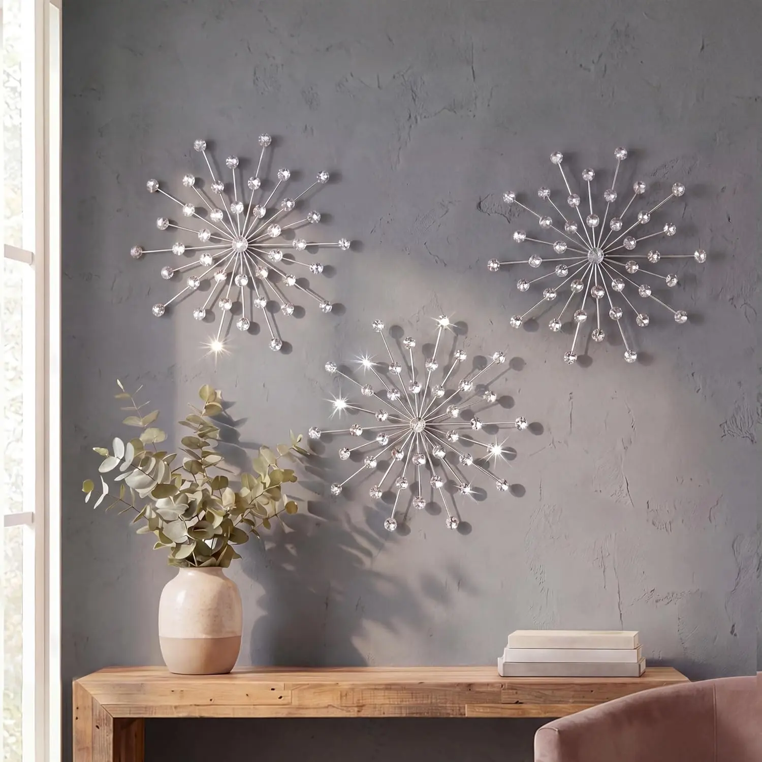 Hangable 3-Piece Silver Metal Wall Decor Set, 13.5in Celestial Aesthetic Star & Sun Ornaments with Shiny Crystals for Glam Look Home Decoration
