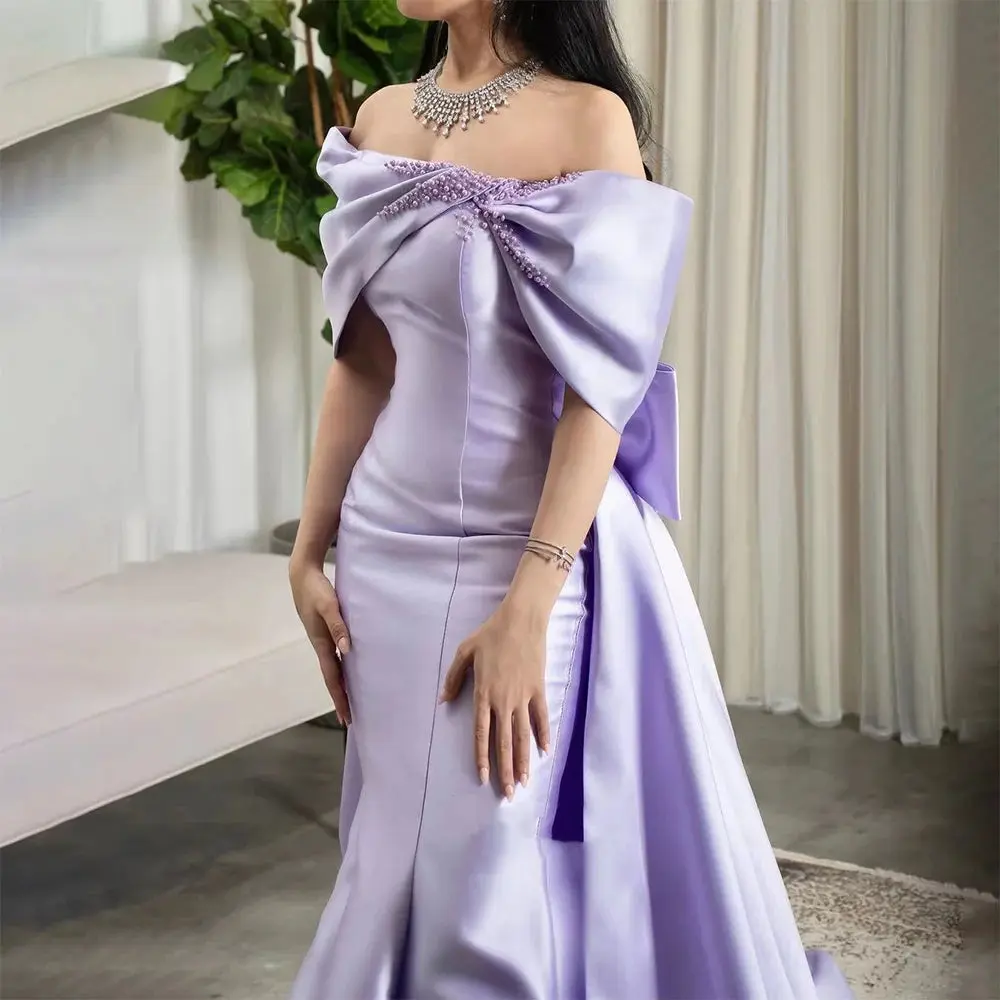 Lilac Elegant Mermaid Evening Dress 2025: Boat Neck, Beaded, Satin, Sexy - Ideal for Women's Party
