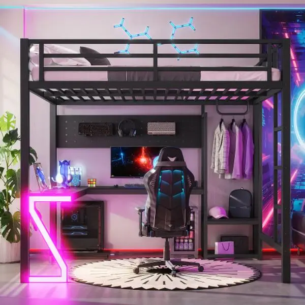Bellemave Black Queen Metal Loft Bed with L-Shaped Desk, USB Ports, Computer Tray, Cave Board, Gaming-Style Z-Shaped LED Lights, Wireless Compatibility, Metal+MDF, 83.5x62.2x66.9in Man Cave Furniture for Games, Assembly Required