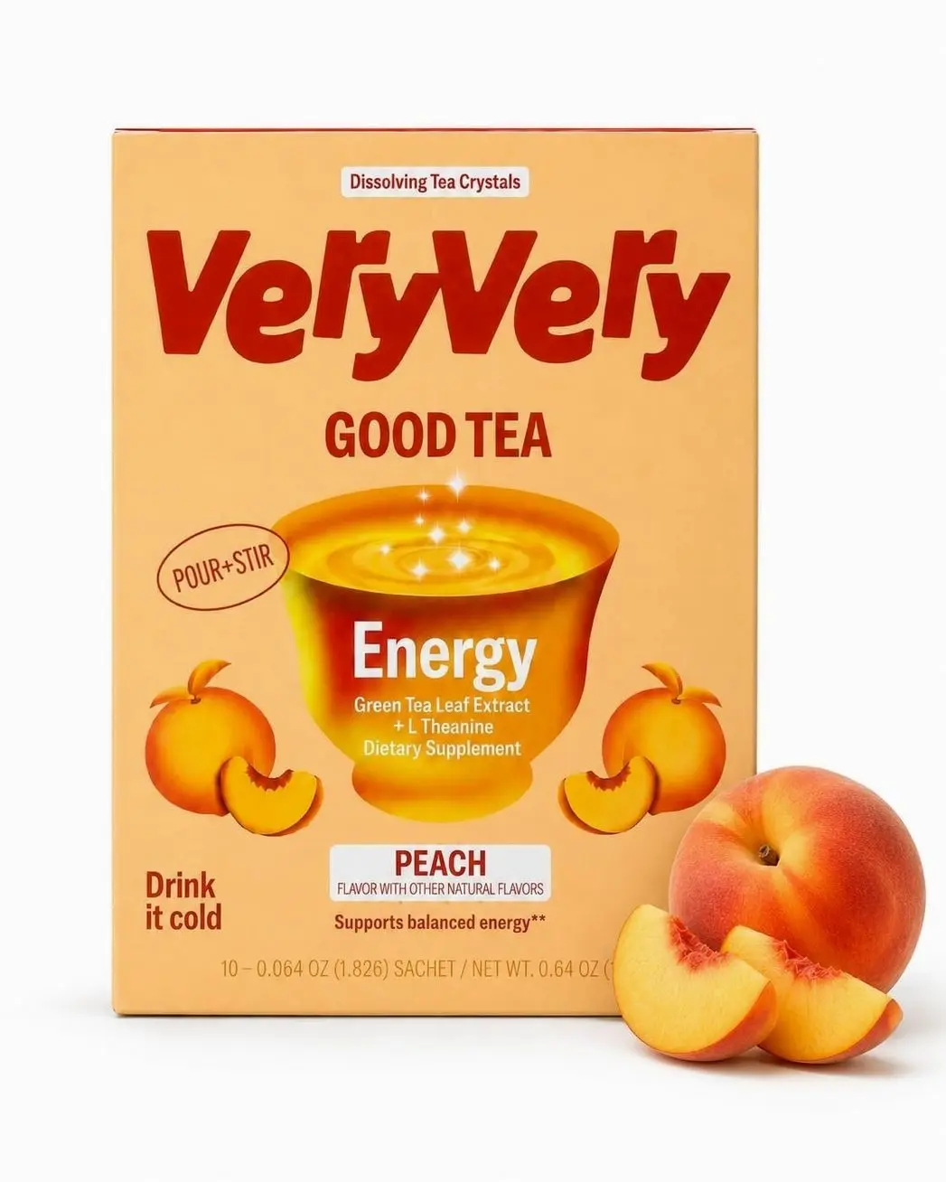 VeryVery Good Tea Crystals - Sweet Peach Energy Tea with Green Tea Caffeine + L-Theanine, Sugar Free Drink Mix, No Jitters, Hot or Cold Single Serve Sachets, 10 Pack