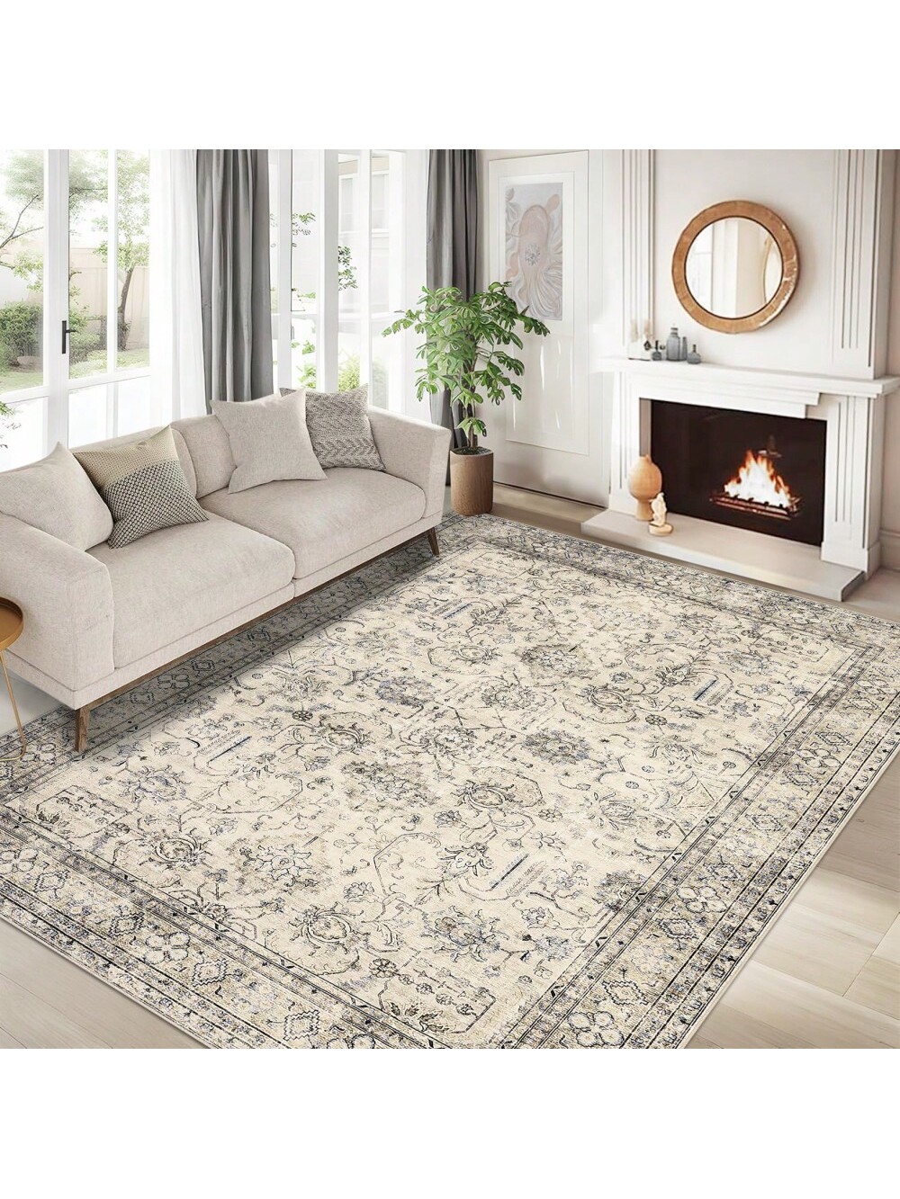 Beige-9*12 feet Vintage Machine Washable Area Rug For Living Room Non Slip Non Shedding Distressed Floral Print Neutral Carpet Low Pile Stain Resista