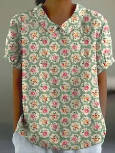 Women's Vintage Ethnic Floral Print Blouse, Casual Short Sleeve Top for Summer, Ladies Clothes for Daily Wear