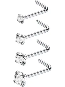 4PCS G23 Titanium Nose Ring Studs 18G 20G Hypoallergenic Glitter CZ Nose Stud L Shape Straight Corkscrew Nose Rings Small Nostril Piercing Jewellery for Women Men Spiral Nose Ring