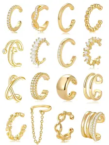 16 Pcs Ear Cuff Earrings Set Y2K Aesthetic And Trendy Jewelry Adjustable Non-Pierced AAA+ Cubic Zirconia Multi-Design For Women Girls Daily Wear Party Gift