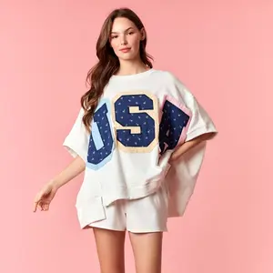 “USA” Patches with Floral Printed Twill and Eyelet Embroidery Outline Sweatshirt Aesthetic
