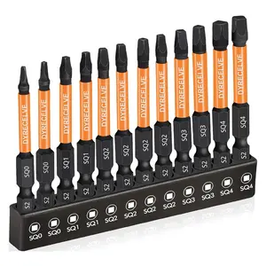12-Pack Square Drive Bits- PREMIUM S2 Alloy Steel Square Bit Set Magnetic Heads- Robertson Square Drill Bit Set (Long 2.55"& Hex Shank) Square Head Screwdriver Sizes#0, 1, 2, 3, and#4
