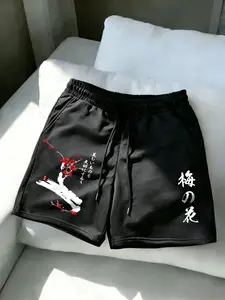 Harajuku-style men's shorts with Chinese character and red plum print, made of soft and breathable fabric with an elastic waistband for casual sports wear. Streetwear shorts for summer, fitting the "Thigh Guy Summer" trend, suitable for daily outfits, fit
