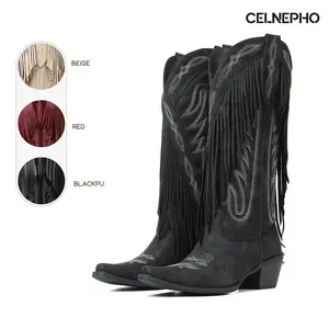 CELNEPHO Womens Cowboy Boots Pointed Toe Fringe Knee High Boot Tassel Chunky Block Heel Easy Pull on Tabs Embroidered Retro Classic Western Country Wedding Cosplay Concert Gifts Spring Summer Dressy Cowgirl Shoes