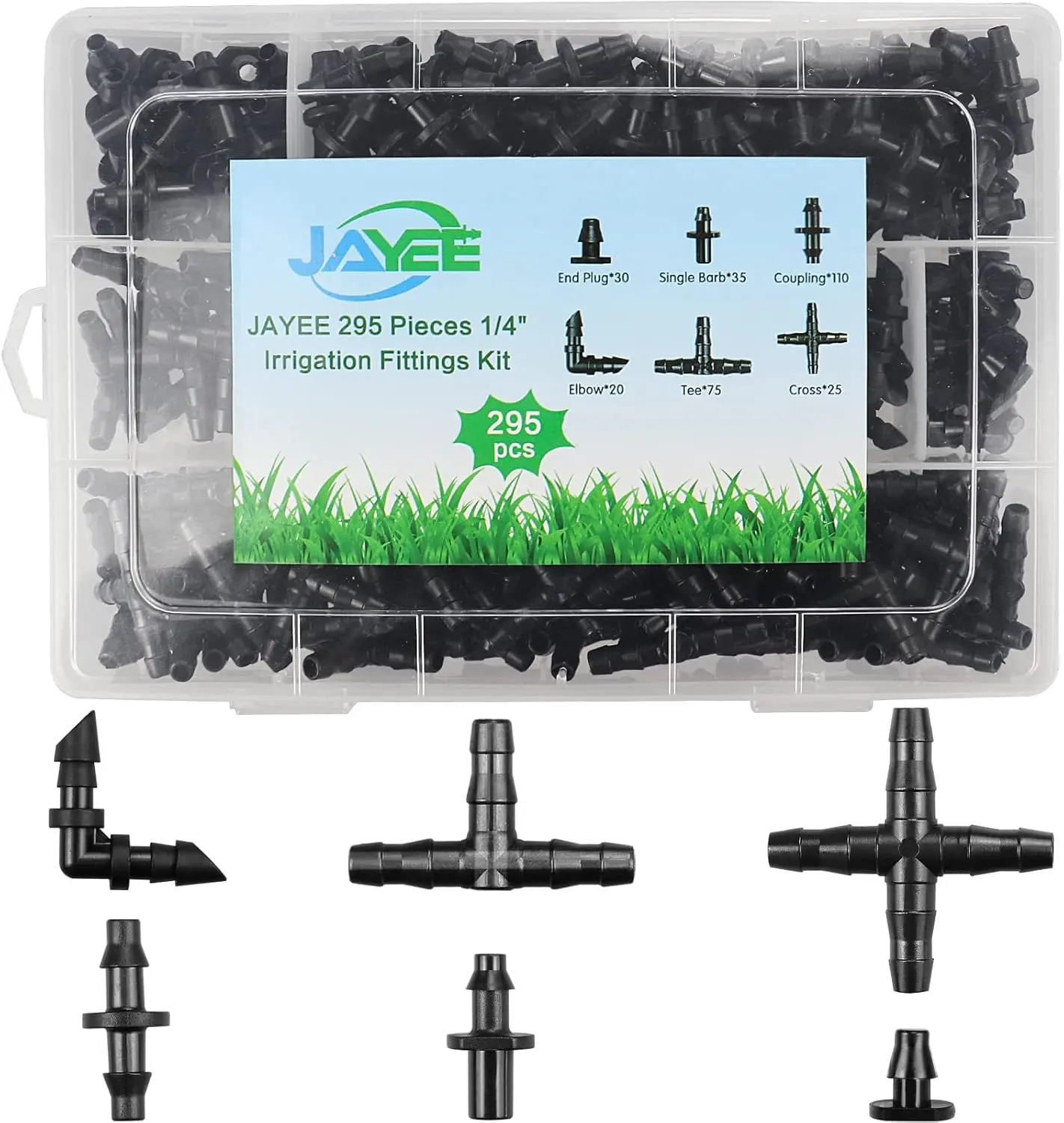 295 count Drip Irrigation Fittings Kit for 1/4" Tubing - 110 Straight Barbs,35 Single Barbs,75 Tees,20 Elbows,30 End Plug,25 4-Way Coupling - Barbed Connectors Fittings for Sprinkler Systems