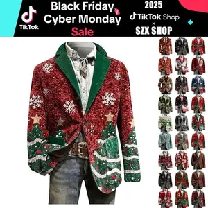 Men’s corduroy blazer with multiple pockets, ugly Christmas print, slim fit, single-breasted, business/office style for holiday parties