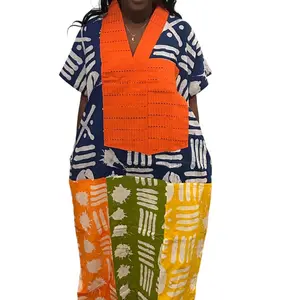Adire Color Mix Bubu Kaftan Dress with Asooke Details in Front and Two Side Pockets for Stylish Wear