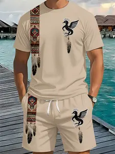 Men's 3D Digital Print Two-Piece Set, featuring Indian God Bird Feather Pattern Short-Sleeve Set, a trendy casual two-piece outfit with a beach vacation style. It has a lightweight and breathable sporty casual style, making it the perfect gift for men on