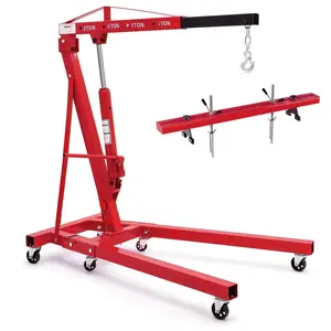 2 Ton Folding Hydraulic Engine Hoist with 59 in Load Leveler 4400 LBS Capacity Heavy Duty Cherry Picker 6 Swivel Wheels&Hydraulic Pump Adjustable Boom (0.5T-2T) for Garage Workshop Warehouse Red