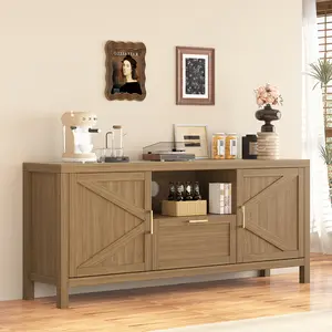 Farmhouse TV Stand for TVs Up to 65 Inch, Media Entertainment Center with Storage Doors & Drawer, Large Oak Media Console with Open Shelf for Living Room & Bedroom
