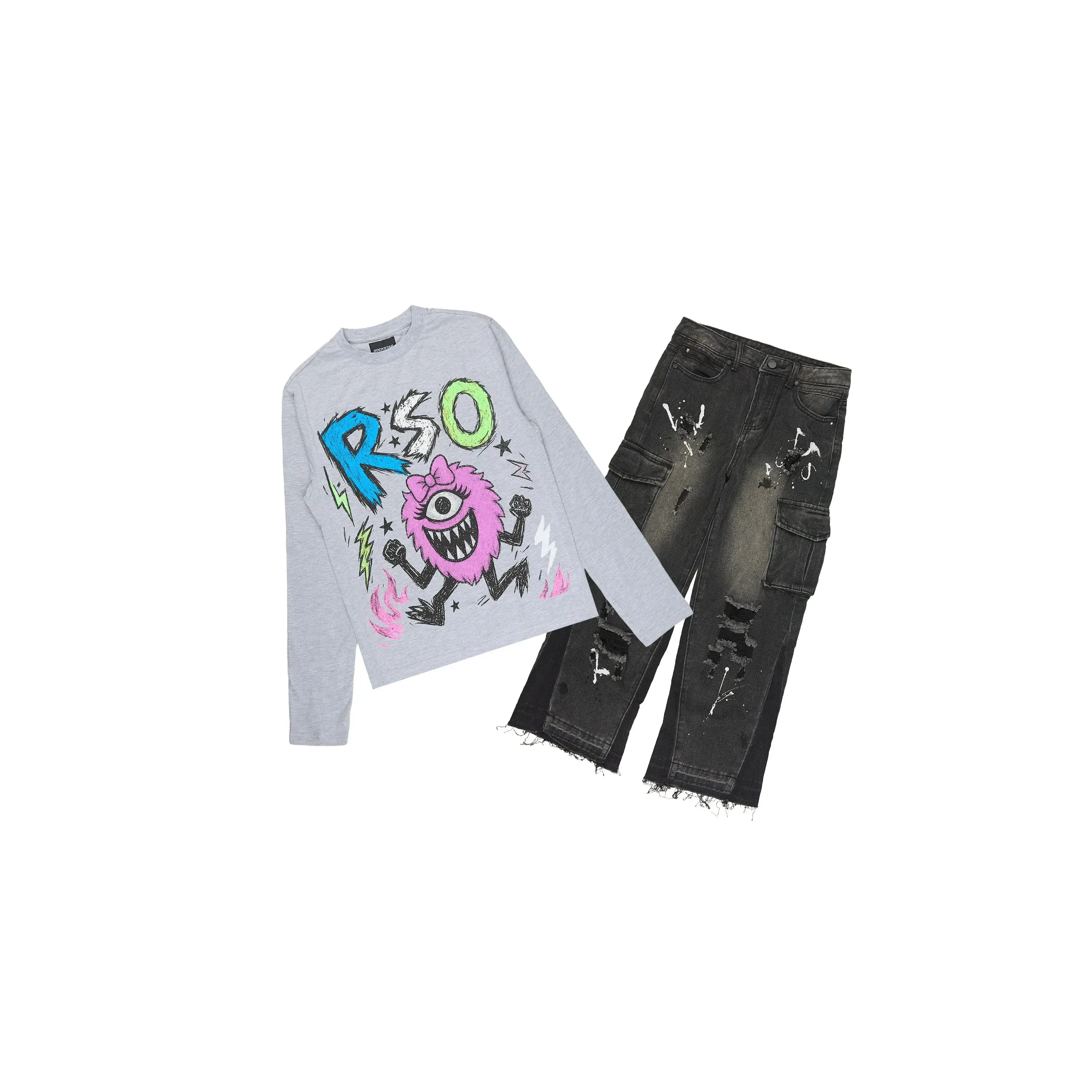 Girls Zesta Grey/Dark Grey Long Sleeve T-Shirt Baggy Jean Set