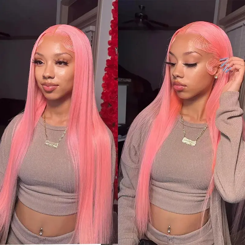 AMZHAIR Pink Human Hair Wig 13x4 Straight HD Lace Front Wigs Human Hair Pre Plucked High Density Pink HD Lace Frontal Wigs Brazilian Pink Color Lace Frontal Wig Bone Straight HD Light Lace Front Wigs For Women Transparent Glueless Colored Lace Wig
