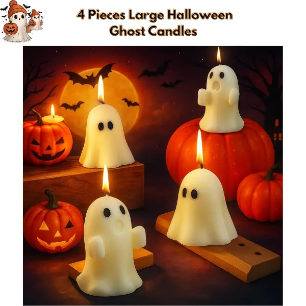 4PCS Halloween Ghost Candles | Cute Spooky Fall Decor | White Scented Candles for Home, Room & Table Decor | Halloween Gifts, Boo Basket Stuffers, Gothic Decor, Autumn Decorations