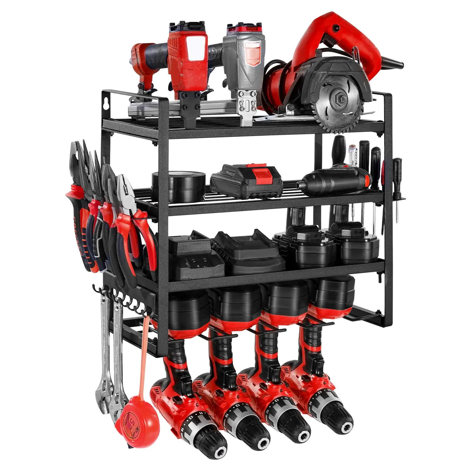 VEVOR Wall-Mount Power Tool Organizer Tool Caddy, Carbon Steel Multi-Tiered 4-Layer Mesh Shelves with 4 Drill Holders, Screwdriver Holders & Hooks, Fast Wall Install for Workshop Space, DIY Enthusiasts Workbench (Inches Compatible)