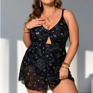 Women's Plus Size Black White Printed Breathable Mesh 1-Piece Swimsuit, Polyester Mix, Regular Length, Stylish Flattering Beachwear for Curvy Women, Comfortable, Sizes 12-22, Plus Size Swimsuits