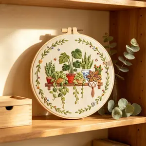 Beginner Cross Stitch Kit, Elegant Pottery Series, DIY Embroidery Set, Includes Printed Cotton Fabric, Thread, Needle, English Instructions, 20cm Hoop