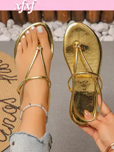 Women's Flat Sandals, Summer Date and Commute Footwear, Luxurious Metal Straps, Comfortable Toe Design, Fashion Look, Flip Flop