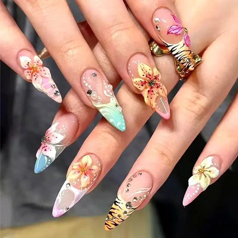 24 Almond Press-On Nails, Tiger Stripe French Design, Nail Designs, 3D Flowers, Rhinestones, Pearl Stripes, Gradient Blue, Reusable Set, Almond Fake Nails, Nail Decoration Supplies