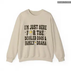 I'm Just Here For The #Deviled Eggs & Family Drama Sweatshirt, Funny Thanksggiving Shirt, Thanksgiving Dinner Sweater, Trendy Thanksgiviing Tee , Solid Colors