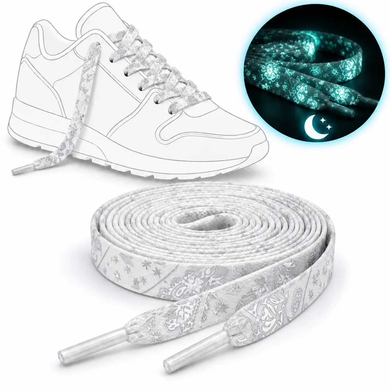 White Paisley Glow in the Dark Shoelaces – Luminous Patterned Laces