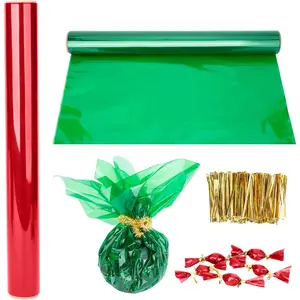 2 Rolls Christmas Cellophane Roll - 33Ft Long x 32In Wide Transparent Cellophane Wrapping Paper with 800 count 3" Twist Ties - Colored Cellophane Wrap for  Basket  Package Storage