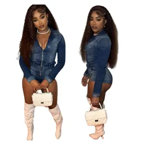 Summer Spring 2025 Fashion Women's V-Neck Long Sleeve Belt Denim Short Jumpsuit Y2k Streetwear Casual Party Jean Romper Light Blue_Sky Blue Fitted Minimalist