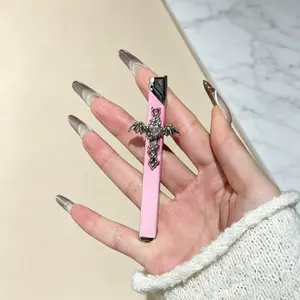 Pink Gothic Cross Decorative Slim Lighter, No Gas Included Metal Ignition Tool with Bat Wing Charm for Goth Aesthetic Daily Use