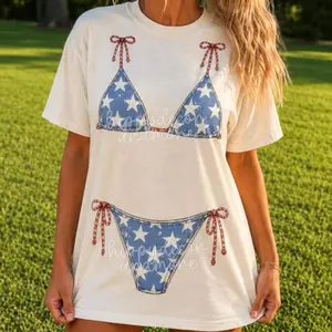 USA Bikini Top Shirt Red White Blue Swimsuit Shirt Summer, Sunshine Lake Girl Beach Vibes ,