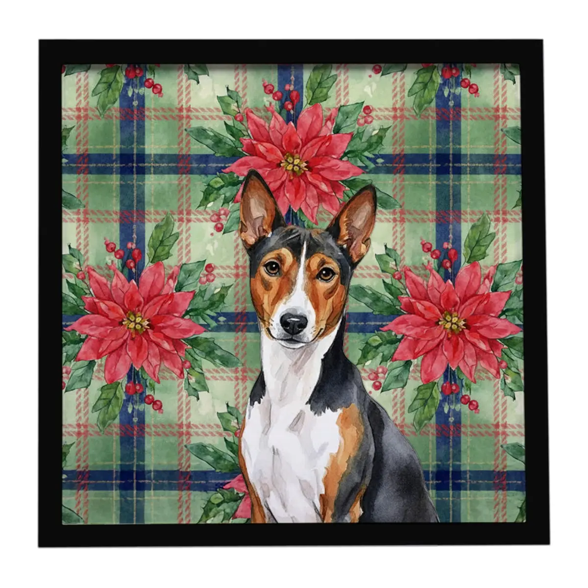 Carolines Treasures WDK8495MFP88 8x8 in. Tricolor & White Basenji Christmas Poinsettias Framed Metal Print - Hanger-Included Artwork, Flower-Themed Home Decor Gift for Home Supplies