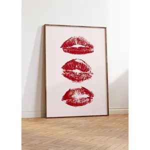 Trendy Lipstick Kisses Print, Preppy Cute Wall Art, Red mouth kisses Poster