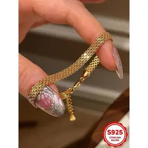 S925 Sterling Silver Sparkling Wide Woven Bracelet, Bracelet for Men and Women, Fashion Hip-hop Trendy Accessories for Daily WearGift