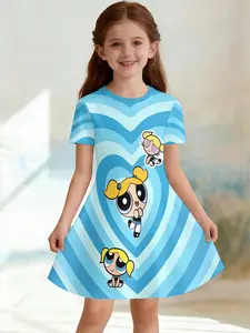 Girls' 3D Short Sleeve Dress, Powerpuff Girls Bubble Heart Print, Summer Party Wear, Perfect Gift for Holidays and Birthdays