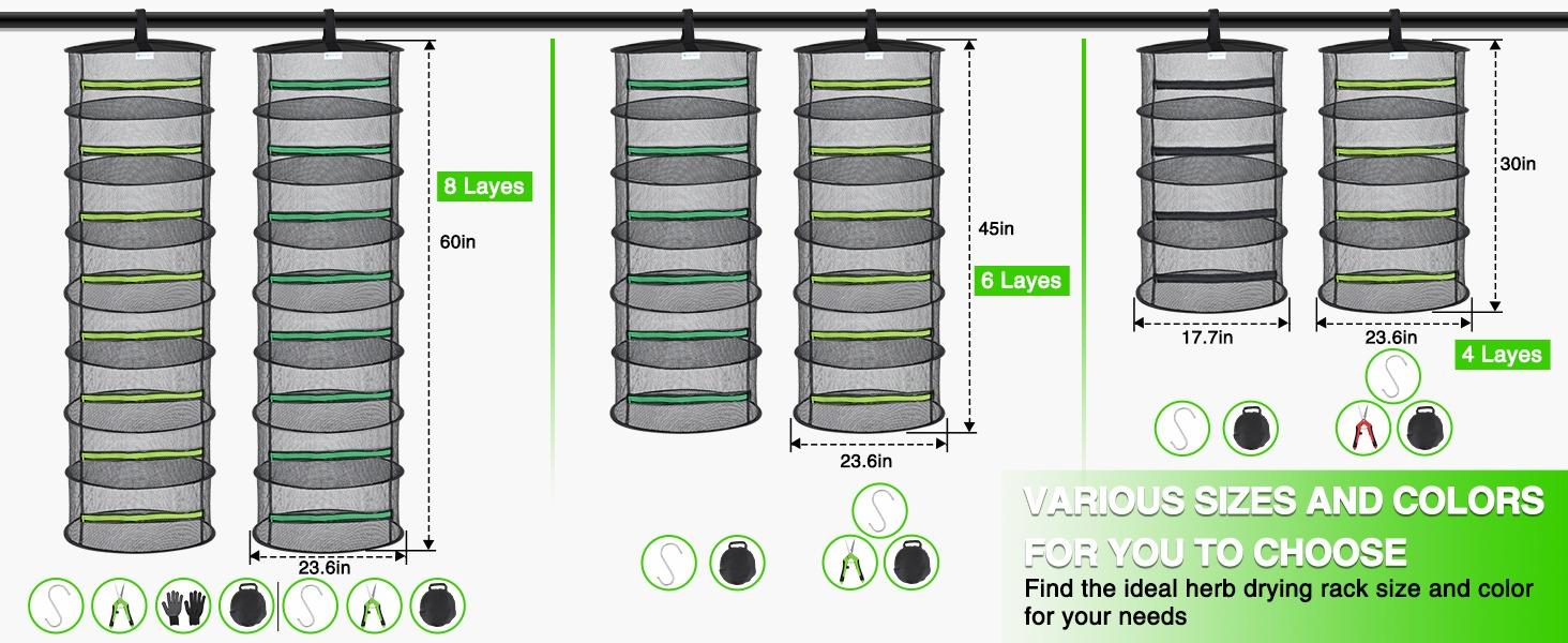Yesker 8 Layer Herb Drying Rack Hanging Mesh Net Foldable Plant Drying Racks 24" Diameter with Green Zipper & Hook Dryer Hanging Rack for Herbs Seed Bud Fruit Clothes Grow Tent Closets Garden Outdoor