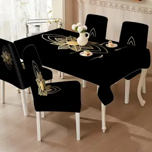 Black and Gold Geometric Leaf Tablecloth and Chair Cover Set, Stretchable Minimalist Dining Decor for Home and Restaurant(5-piece set: 4 chair covers and one 220CM tablecloth) (7-piece set: 6 chair covers and one 220CM tablecloth)