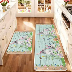 2 count Easter Kitchen Mat Set, Easter Bunny Flower Egg Pattern, Non-Slip Soft Low Height, Spring Summer Home Decor, Holiday Cooking and Celebration