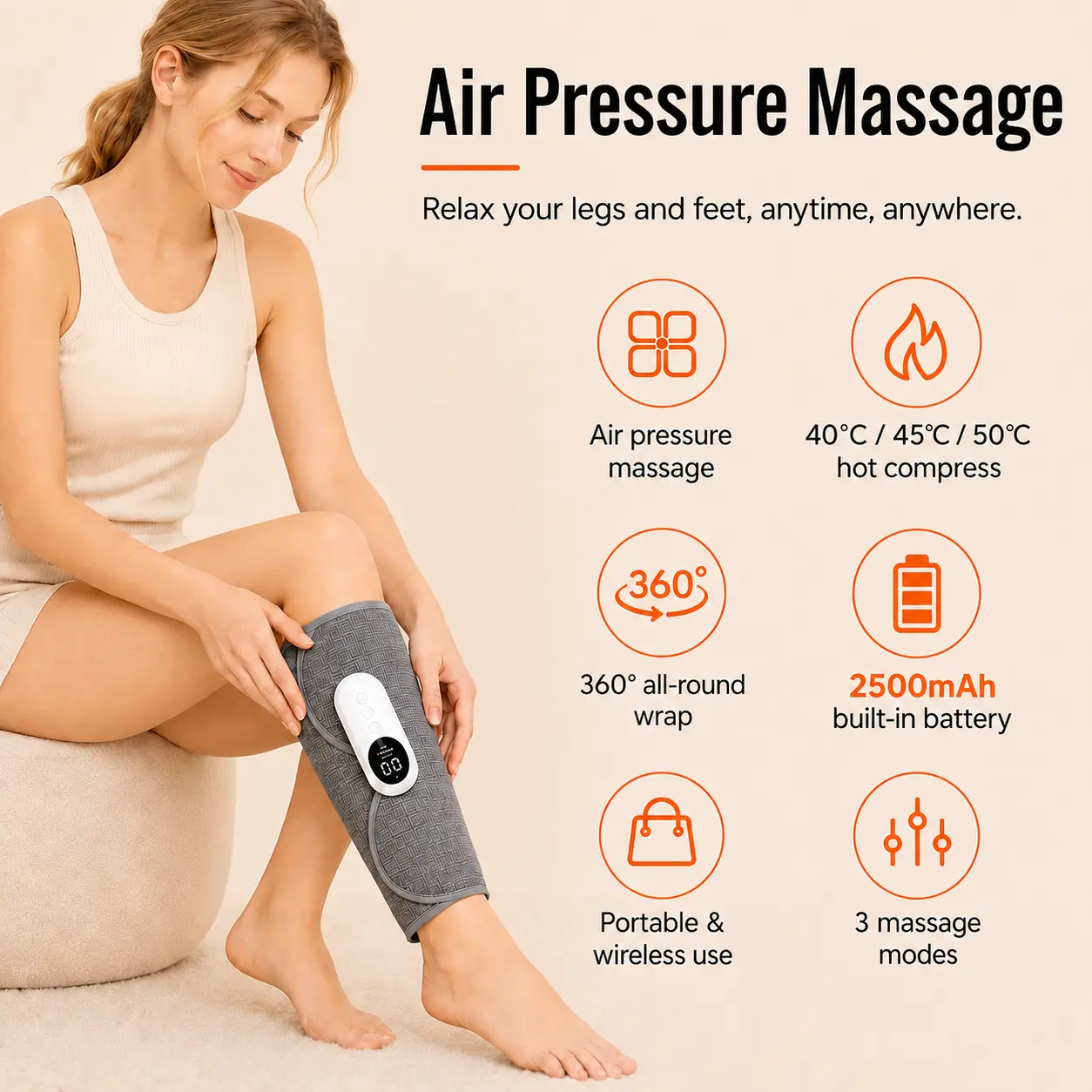 Air pressure massage features with heat wireless design and modes
