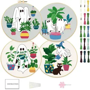 Halloween Ghost Pattern Embroidery Kit, 4 Counts/set Embroidery Starter Kit with Random Color Tools & Instructions, Embroidery Supplies for Beginners